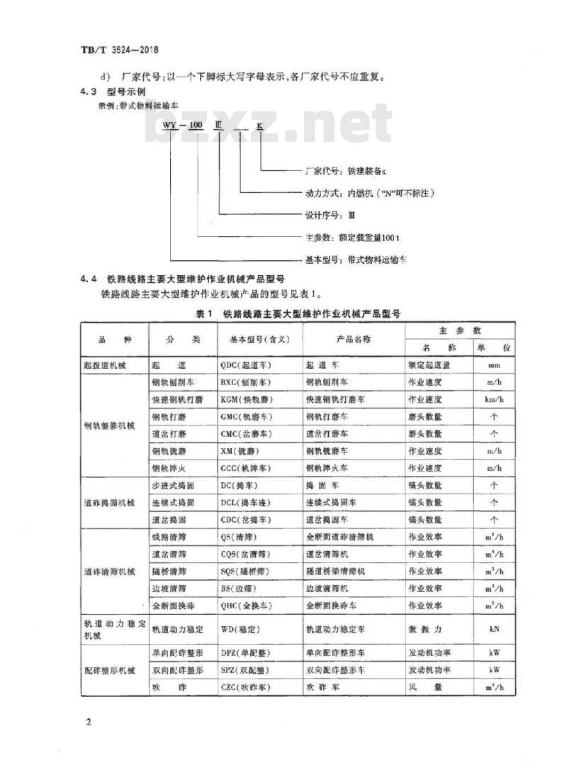 TB/T 3524-2018 铁路大型维护作业机械型号编制方法
