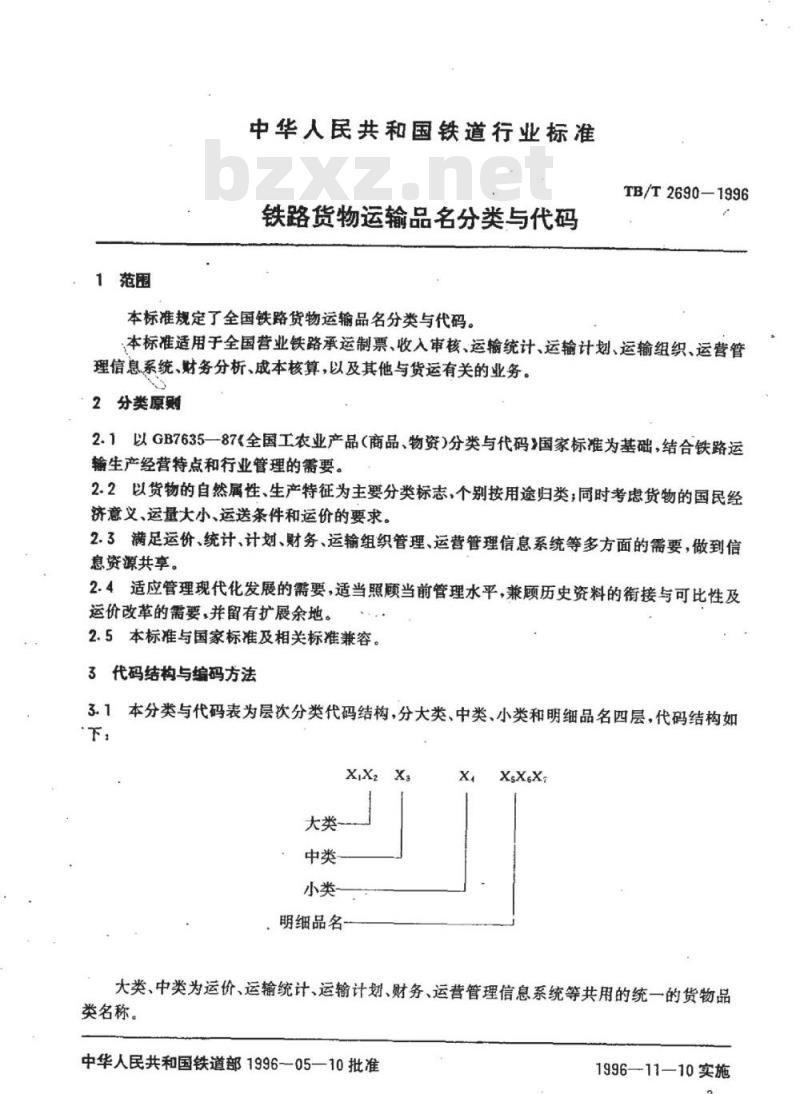 TB/T 2690-1996 铁路货物运输品名分类与代码