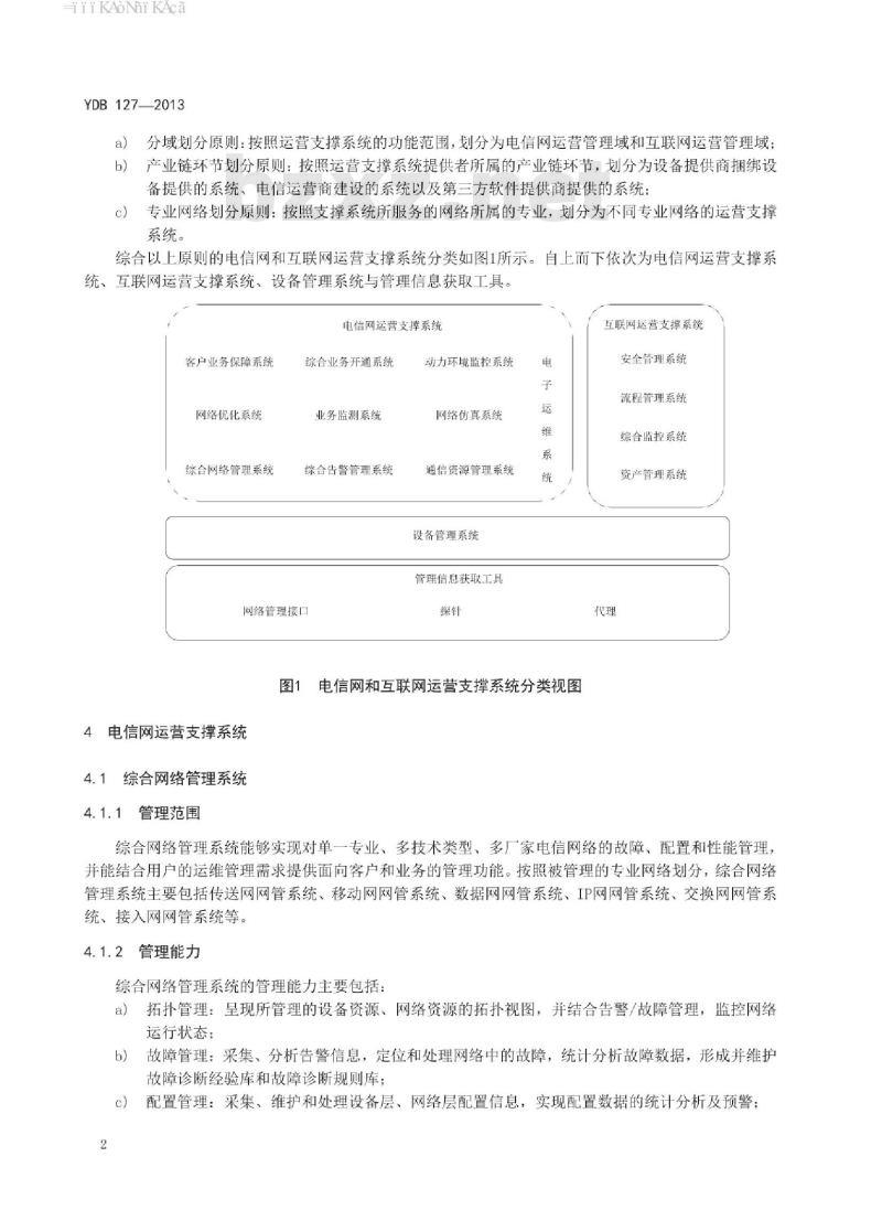 YDB 127-2013 电信网和互联网运营支撑系统分类