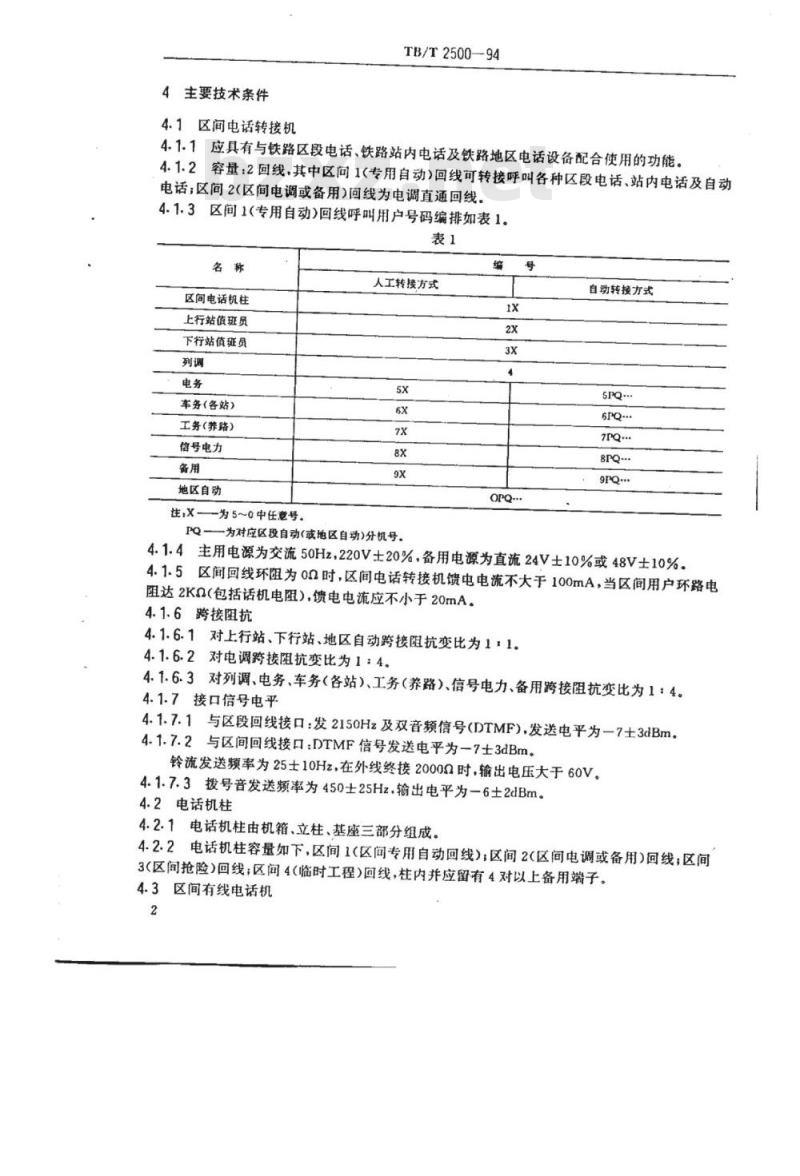 TB/T 2500-94 铁路区间电话设备(有线)制式系列及主要技术条件