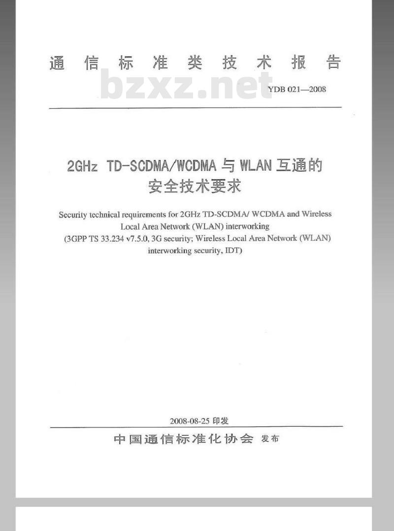 YDB 021-2008 2GHz TD-SCDMA/WCDMA 与 WLAN 互通的安全技术要求