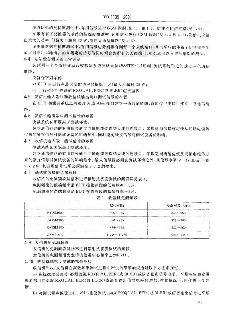 YD 1139-2001 900/1800MHz TDMA 数字蜂窝通信系统的电磁兼容性要求及测量方法 第二部分:基站及其辅助设备