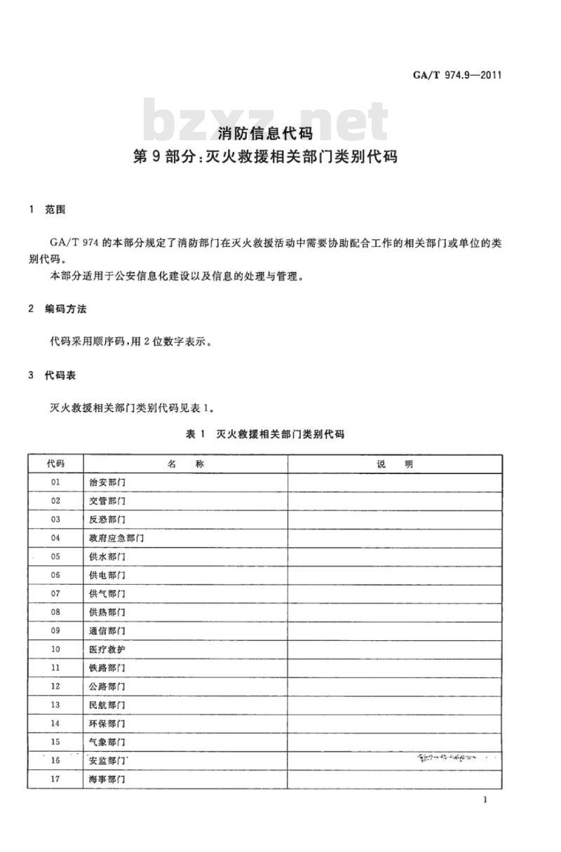 GA/T 974.9-2011 消防信息代码第9部分:灭火救援相关部门类别代码