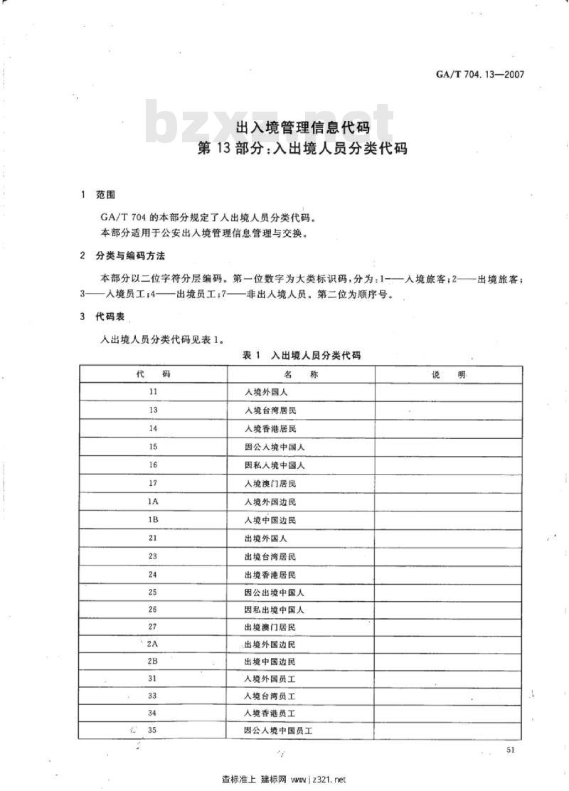 GA/T 704.13-2007 出入境管理信息代码第13部分:入出境人员分类代码