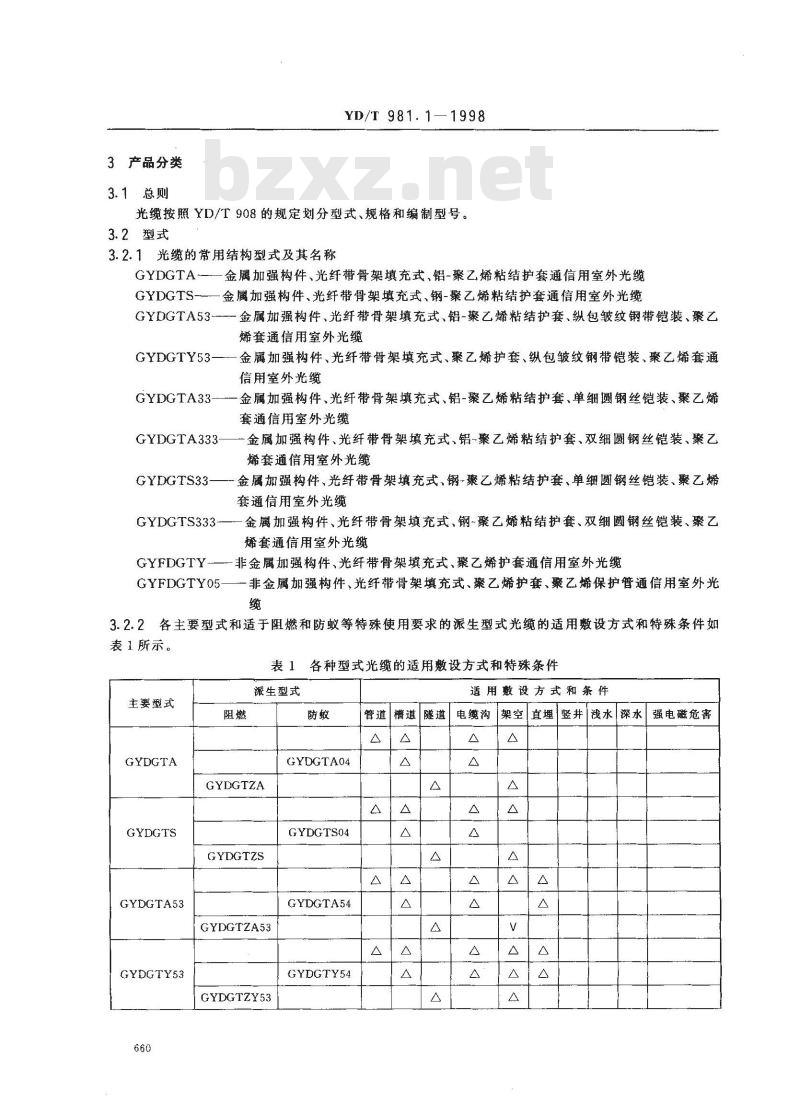 YD/T 981.1-1998 接入网用光纤带光缆 第1部分:骨架式