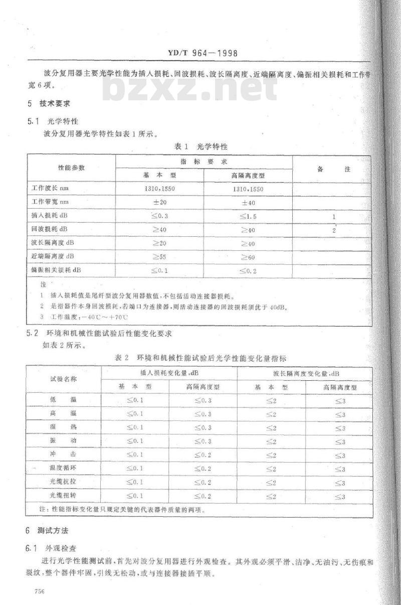 YD/T 964-1998 1310nm/1550nm 波分复用器技术要求和测试方法