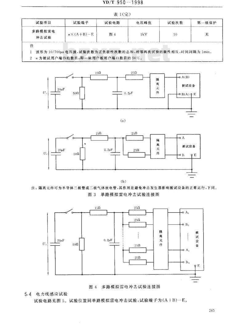 YD/T 950-1998 电信交换设备过电压过电流防护技术要求及试验方法