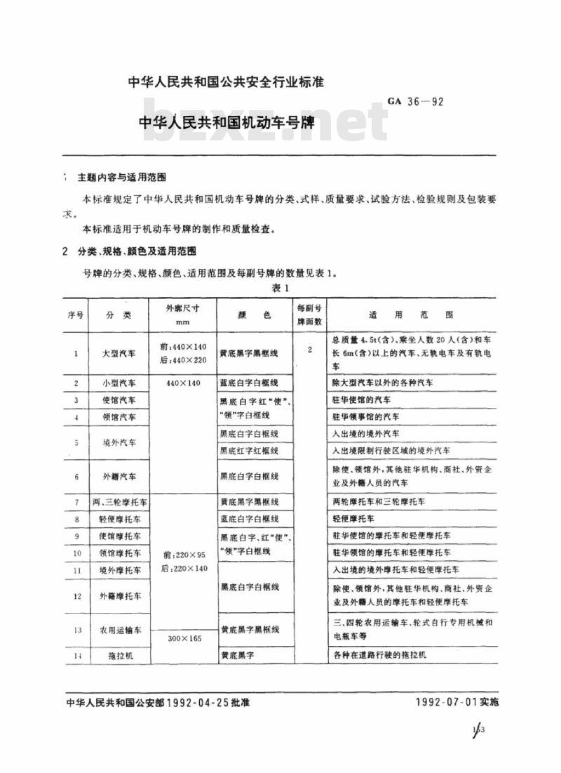 GA 36-92 中华人民共和国公共安全行业标准中华人民共和国机动车号牌