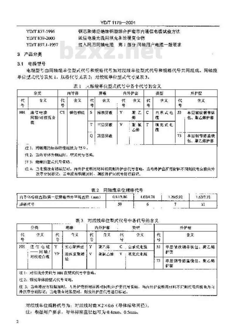 YD/T 1175-2001 通信电缆 —— 同轴/对绞混合电缆