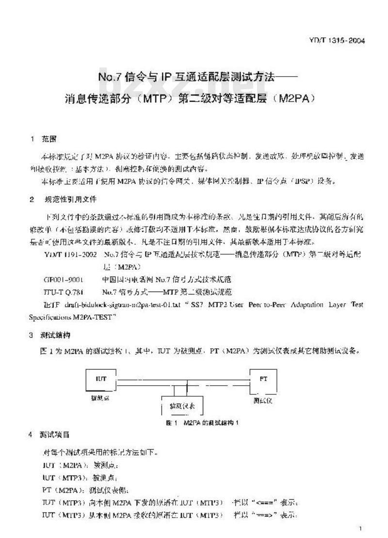YD/T 1315-2004 No.7 信令与 IP 互通适配层测试方法 —— 消息传递部分(MTP)第二级对等适配层(M2PA)