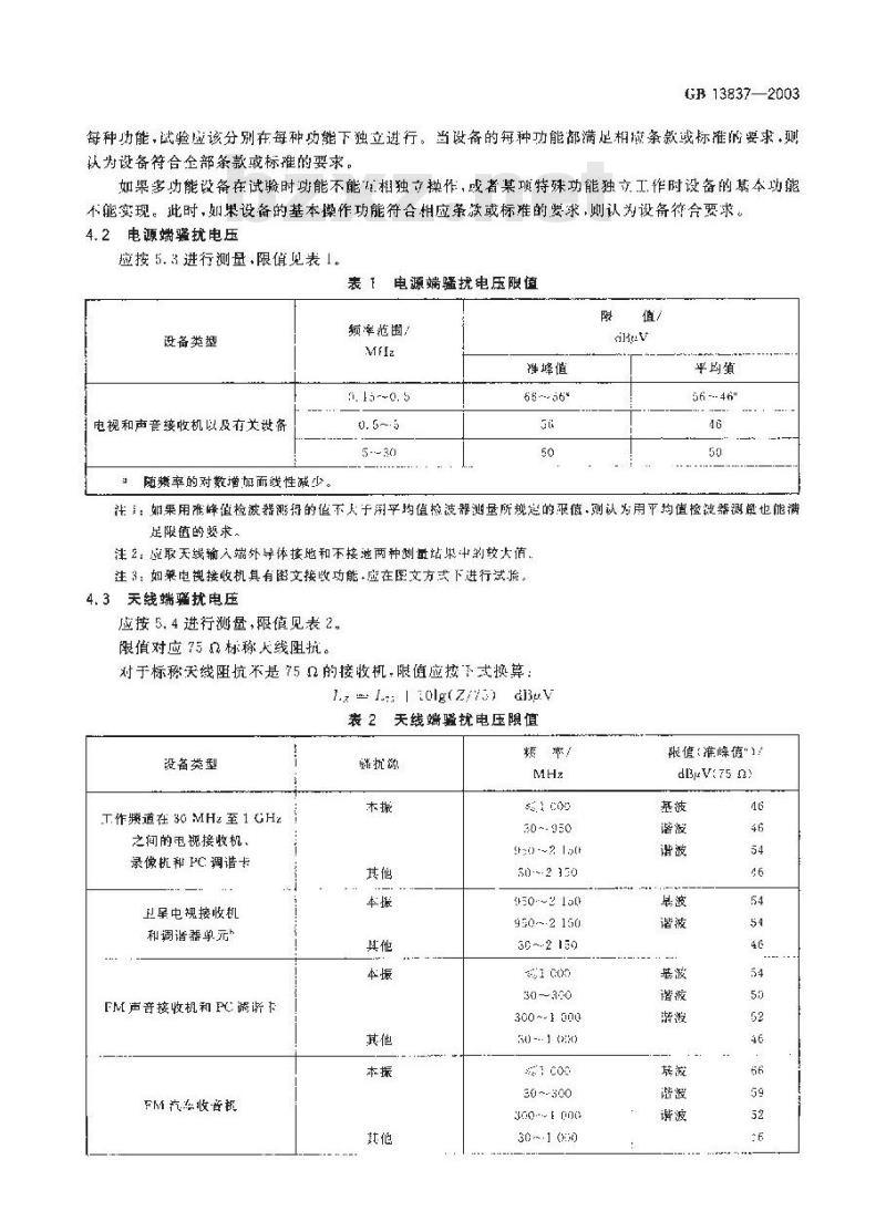 GB 13837-2003 声音和电视广播接收机及有关设备无线电骚扰特性限值和测量方法