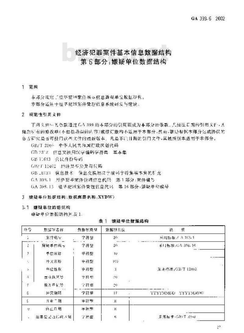 GA 399.6-2002 经济犯罪案件基本信息数据结构第6部分:嫌疑单位数据结构