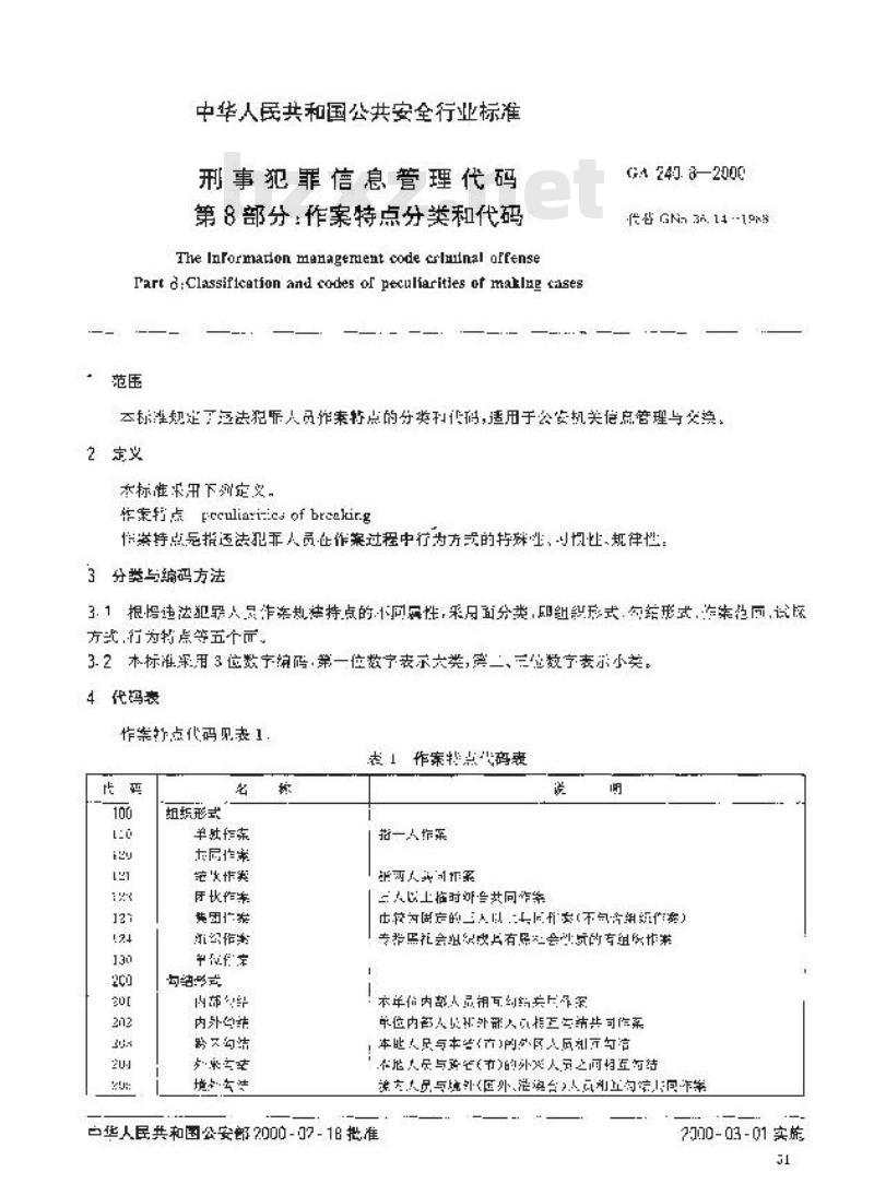 GA 240.8-2000 刑事犯罪信息管理代码第8部分:作案特点分类和代码