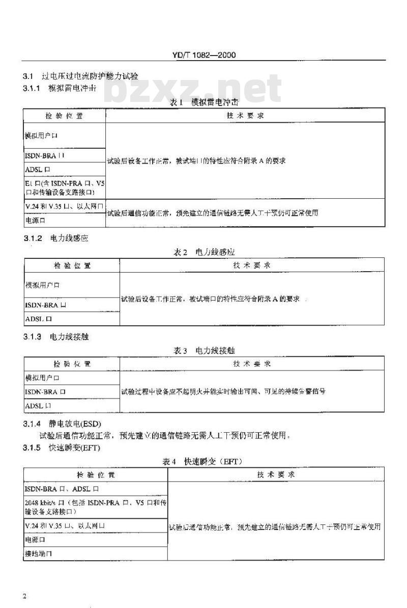 YD/T 1082-2000 接入网设备过电压过电流防护及基本环境适应性技术条件