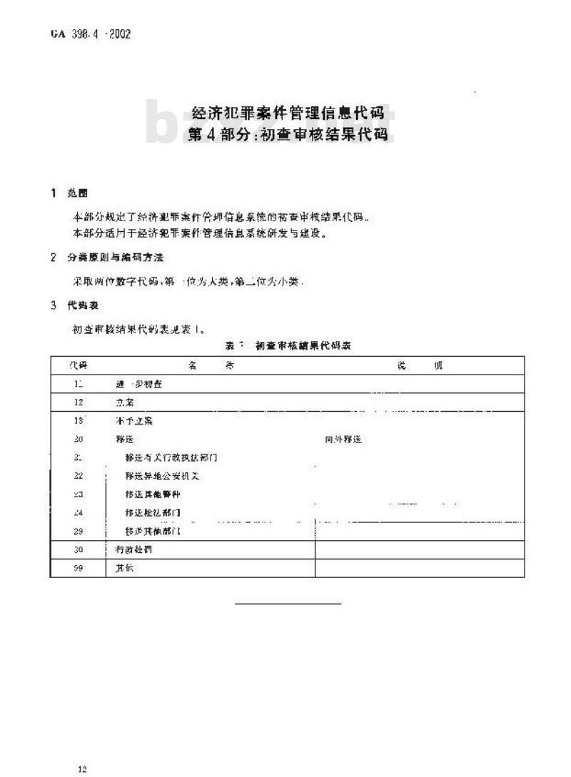 GA 398.4-2002 经济犯罪案件管理信息代码第4部分:初查审核结果代码