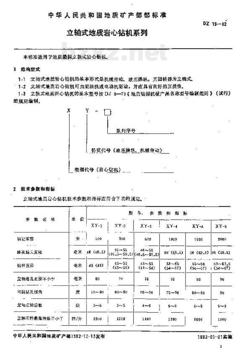 DZ 19-1982  立轴式地质岩心钻机系列