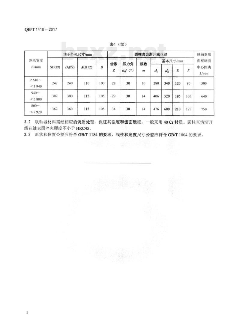 QB/T 1418一2017 卷纸棍轴承外壳及联轴器互换性尺寸
