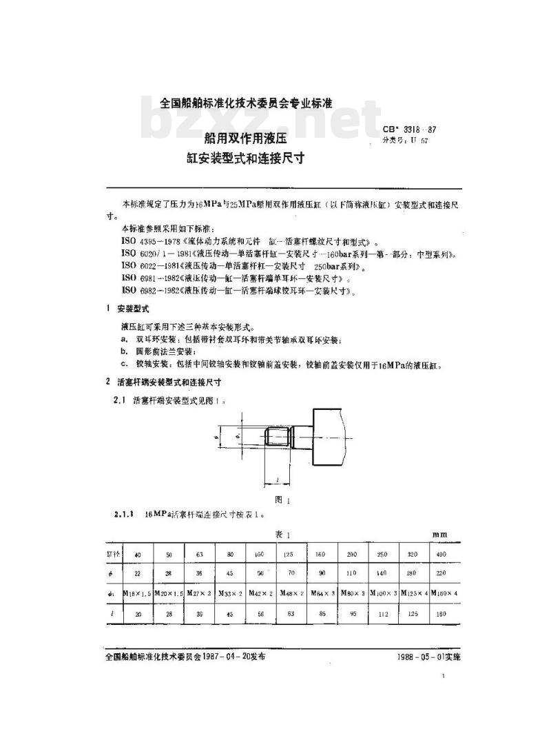 CB 3318-87 船用双作用液压缸安装型式和连接尺寸