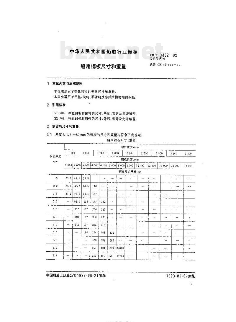 CB/T 3432-92 船用钢板尺寸和重量