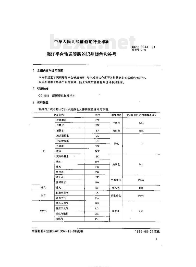 CB/T 3644-94 海洋平台输送管路的识别颜色和符号