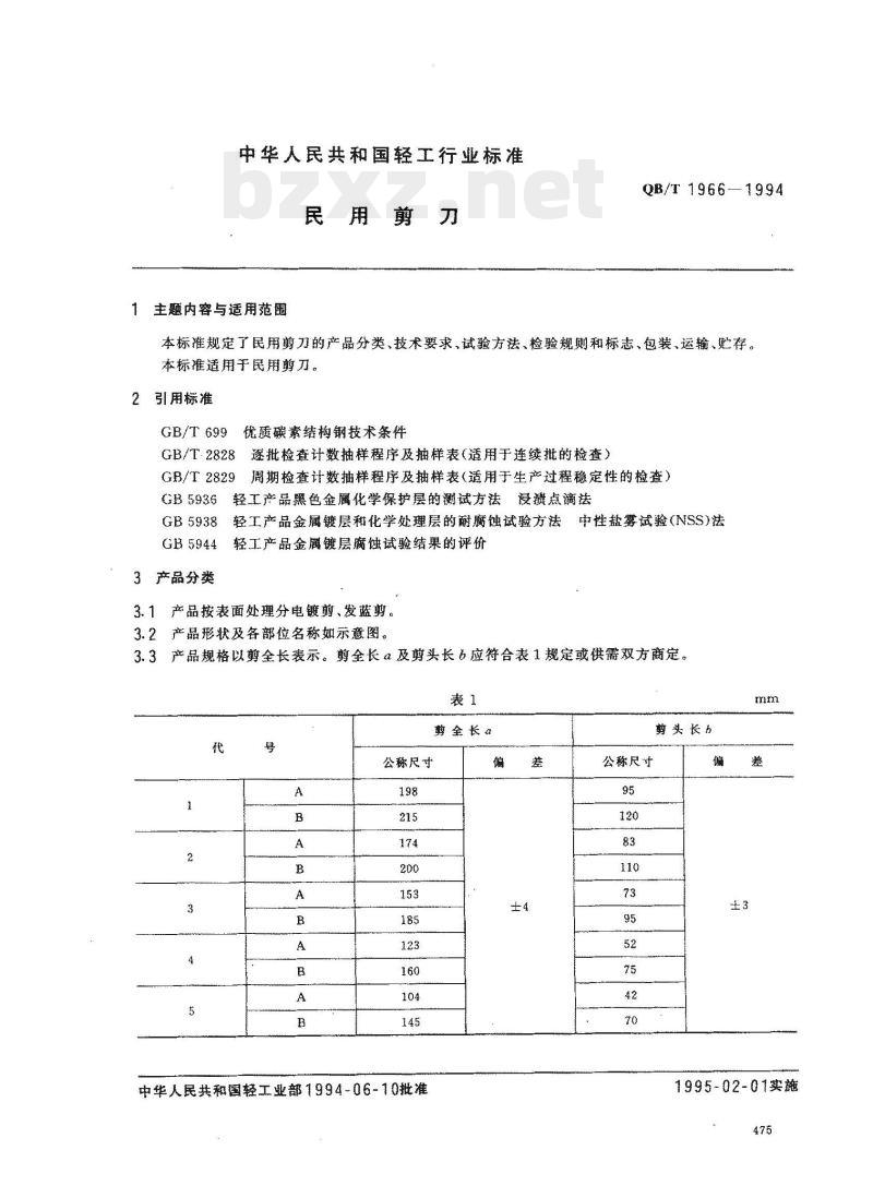 QB/T 1966—1994 民用剪刀