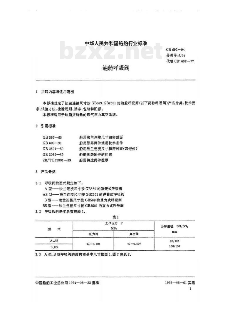 CB 692-94 油舱呼吸阀