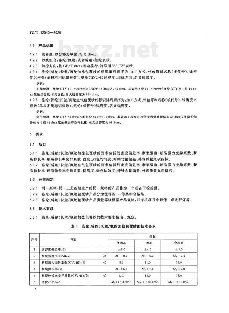 FZ/T 12040—2020 涤纶(锦纶)长丝/氨纶包覆纱