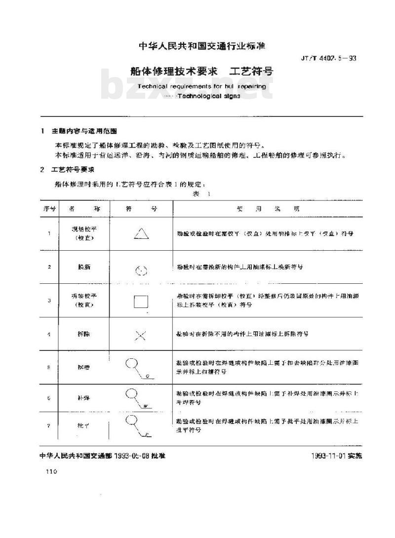 JT/T 4402.5-93 船体修理技术要求工艺符号
