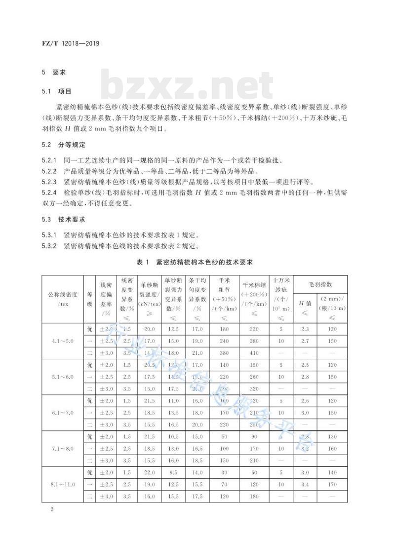 FZ/T 12018-2019 紧密纺精梳棉本色纱线