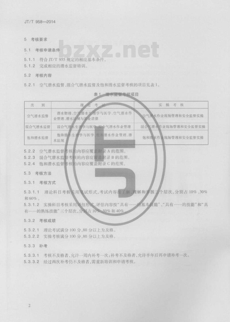 JT/T 958-2014 潜水监督培训与考核要求