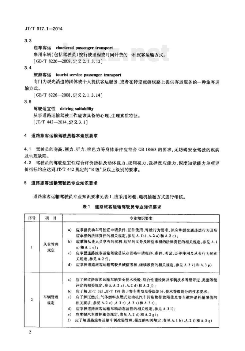 JT/T 917.1-2014 道路运输驾驶员技能和素质要求第1部分:旅客运输驾驶员