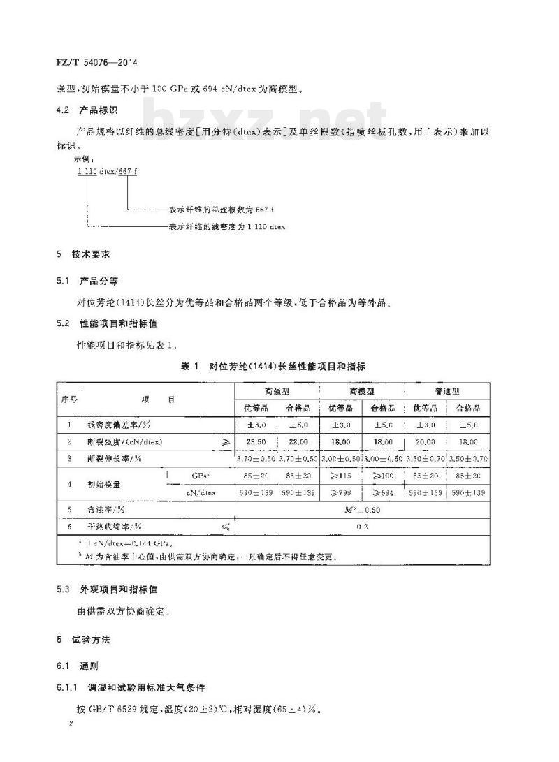 FZ/T 54076-2014 对位芳纶(1414)长丝