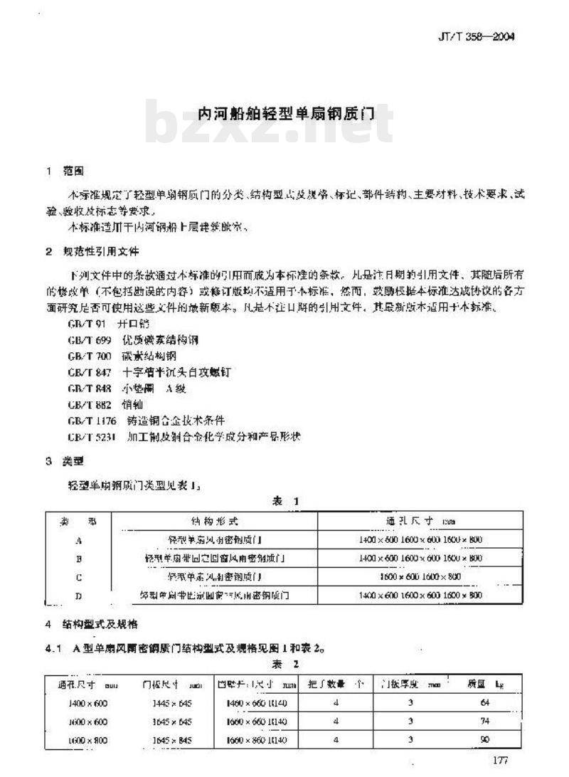 JT/T 358-2004 内河船舶轻型单扇钢质门