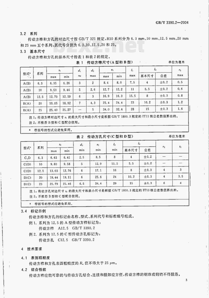 GB/T 3390.2-2004 手动套筒扳手传动方榫和方孔