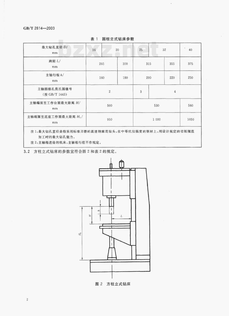 GB/T 2814-2003 立式钻床参数