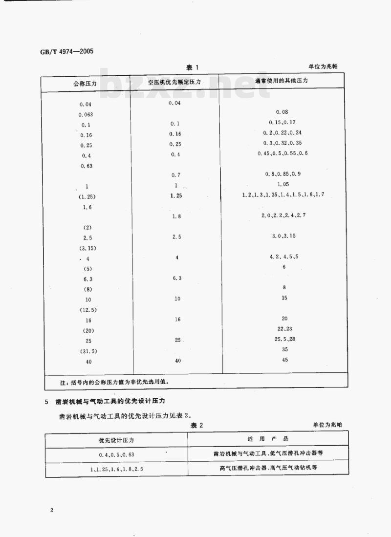 GB/T 4974-2005 空压机、凿岩机械与气动工具优先压力