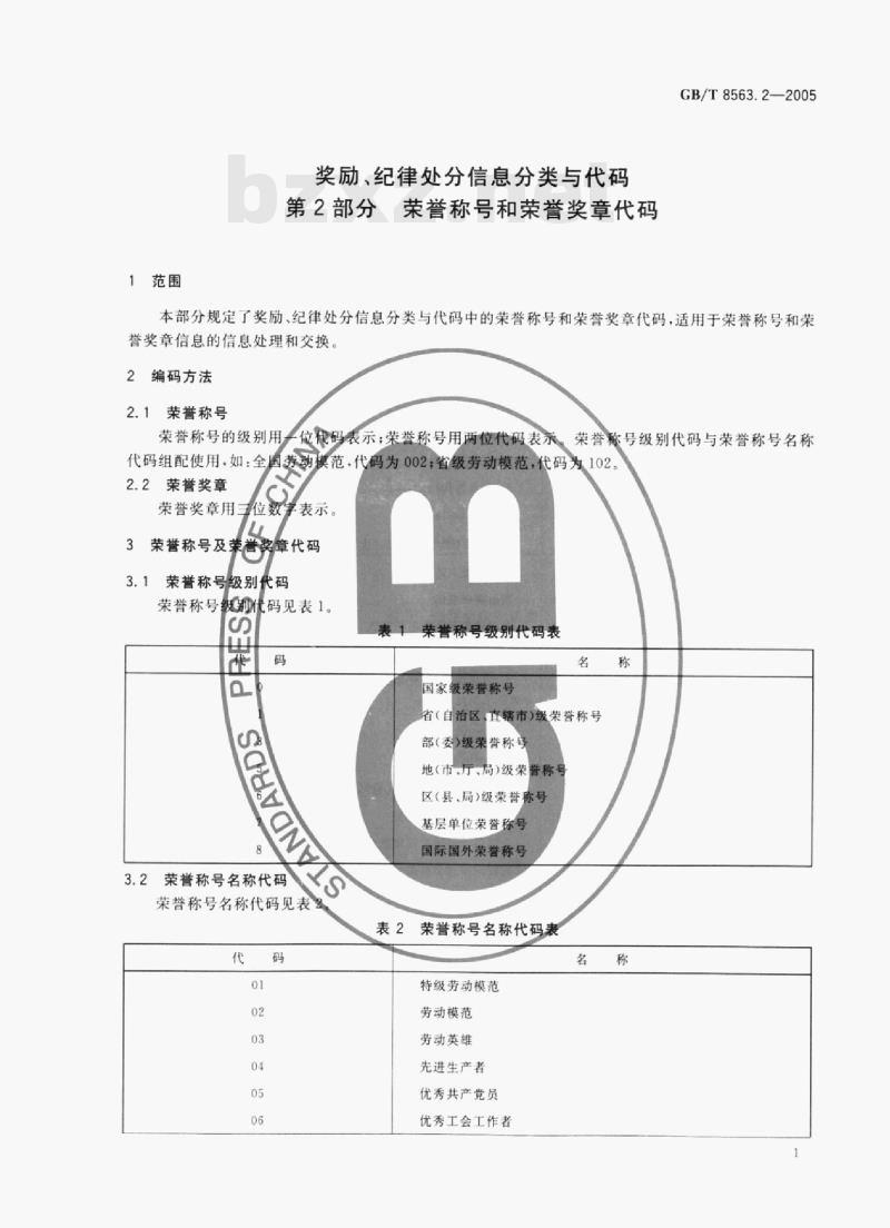 GB/T 8563.2-2005 奖励、纪律处分信息分类与代码第⒉部分荣誉称号和荣誉奖章代码