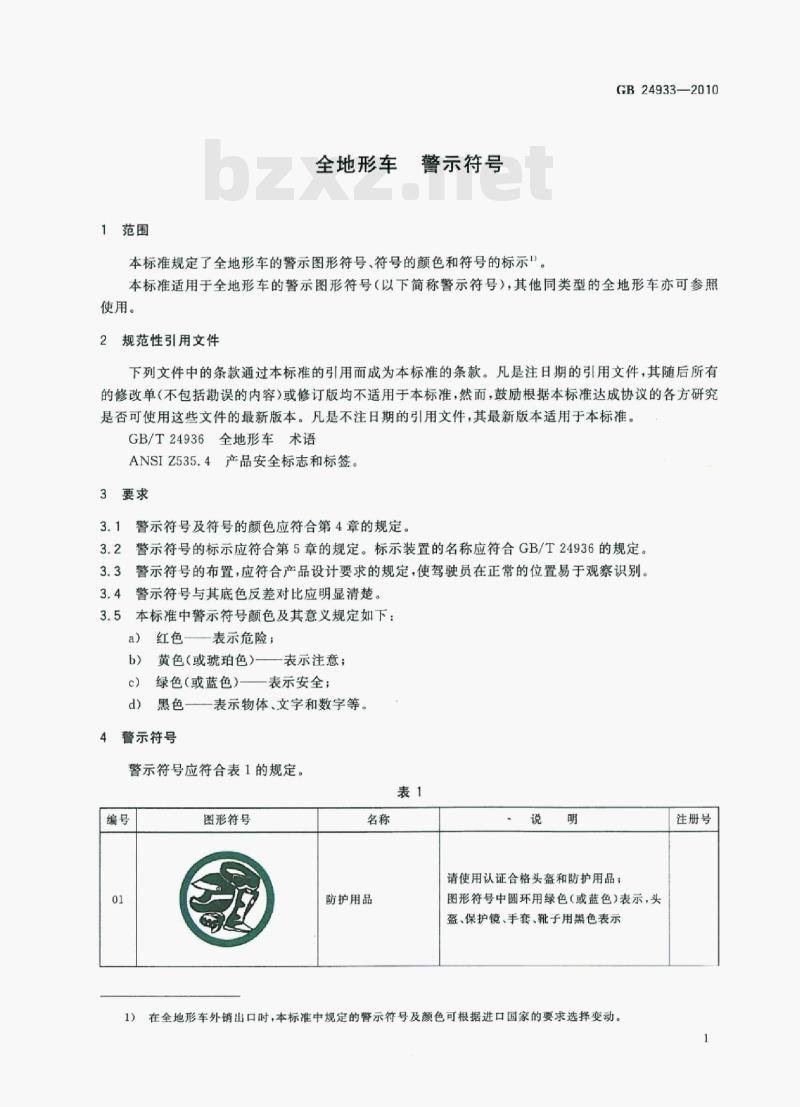 GB 24933-2010 全地形车警示符号