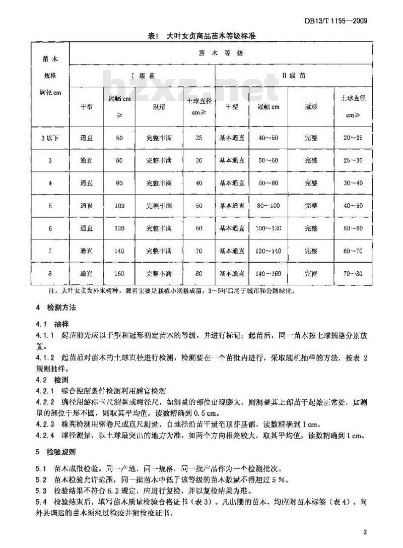 DB13/T 1155-2009 大叶女贞商品苗木质量分级