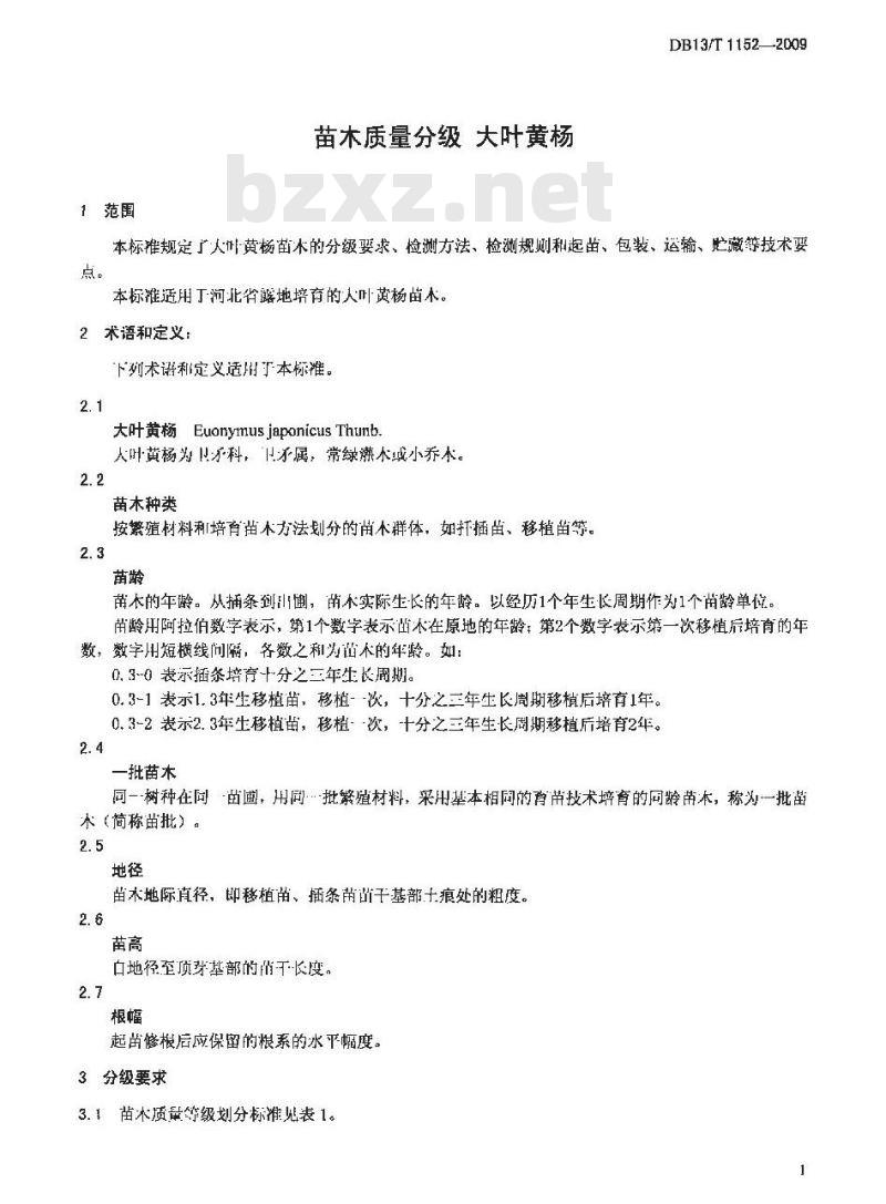DB13/T 1152-2009 苗木质量分级 大叶黄杨