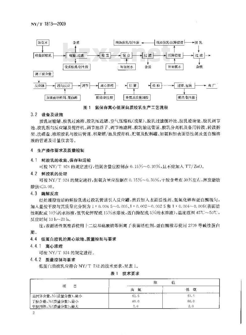 NY/T 1813-2009 浓缩天然胶乳氨保存离心低蛋白质胶乳生产技术规程