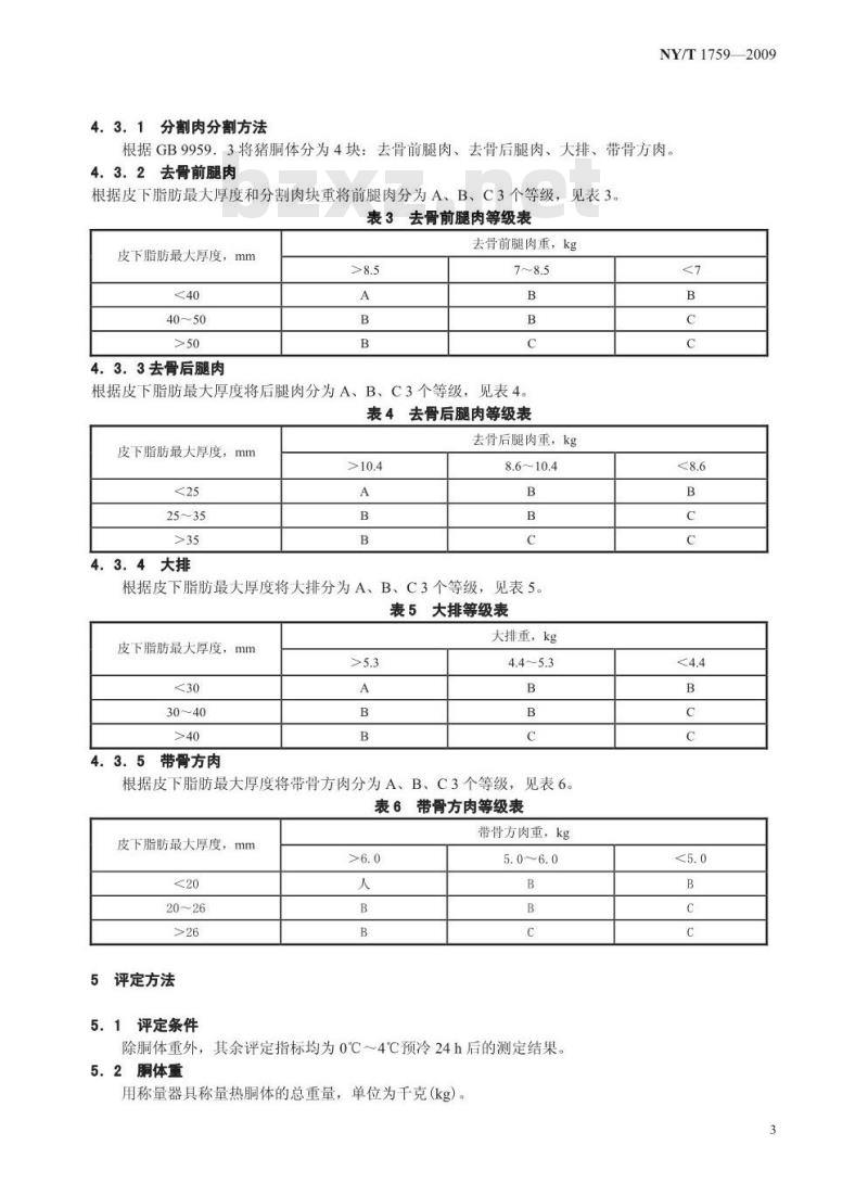 NY/T 1759-2009 猪肉等级规格