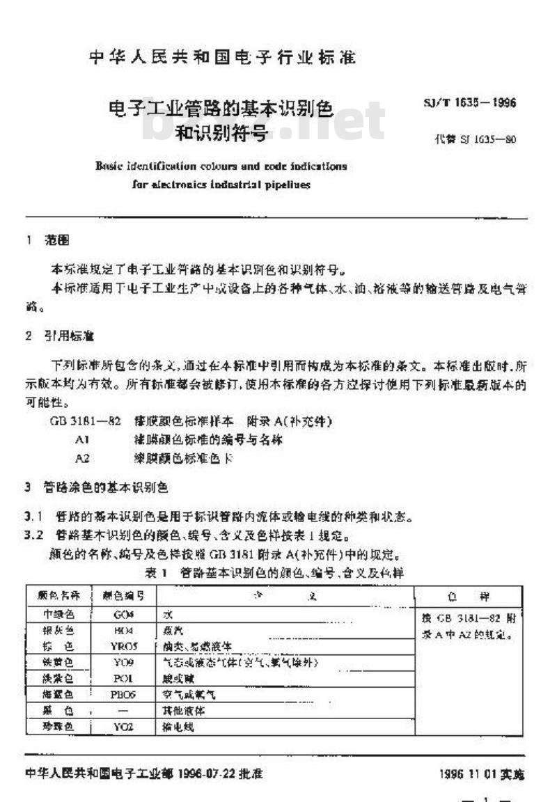 SJ/T 1635-1996 电子工业管路的基本识别色和识别符号
