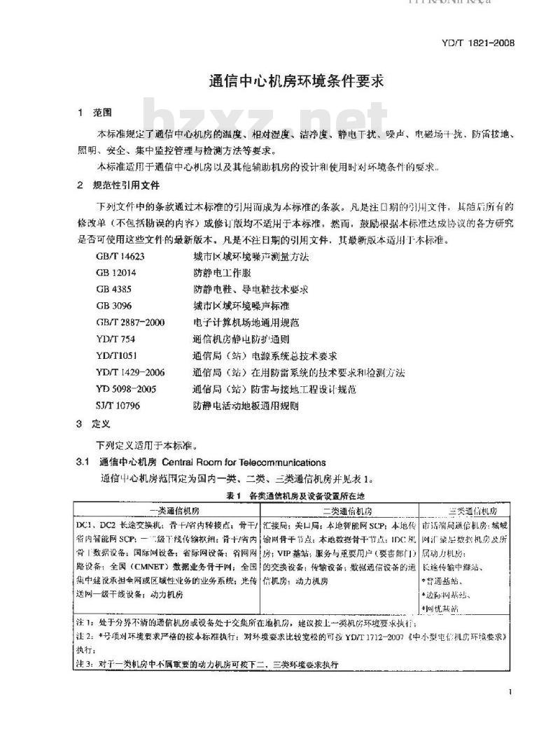 YD/T 1821-2008 通信中心机房环境条件要求