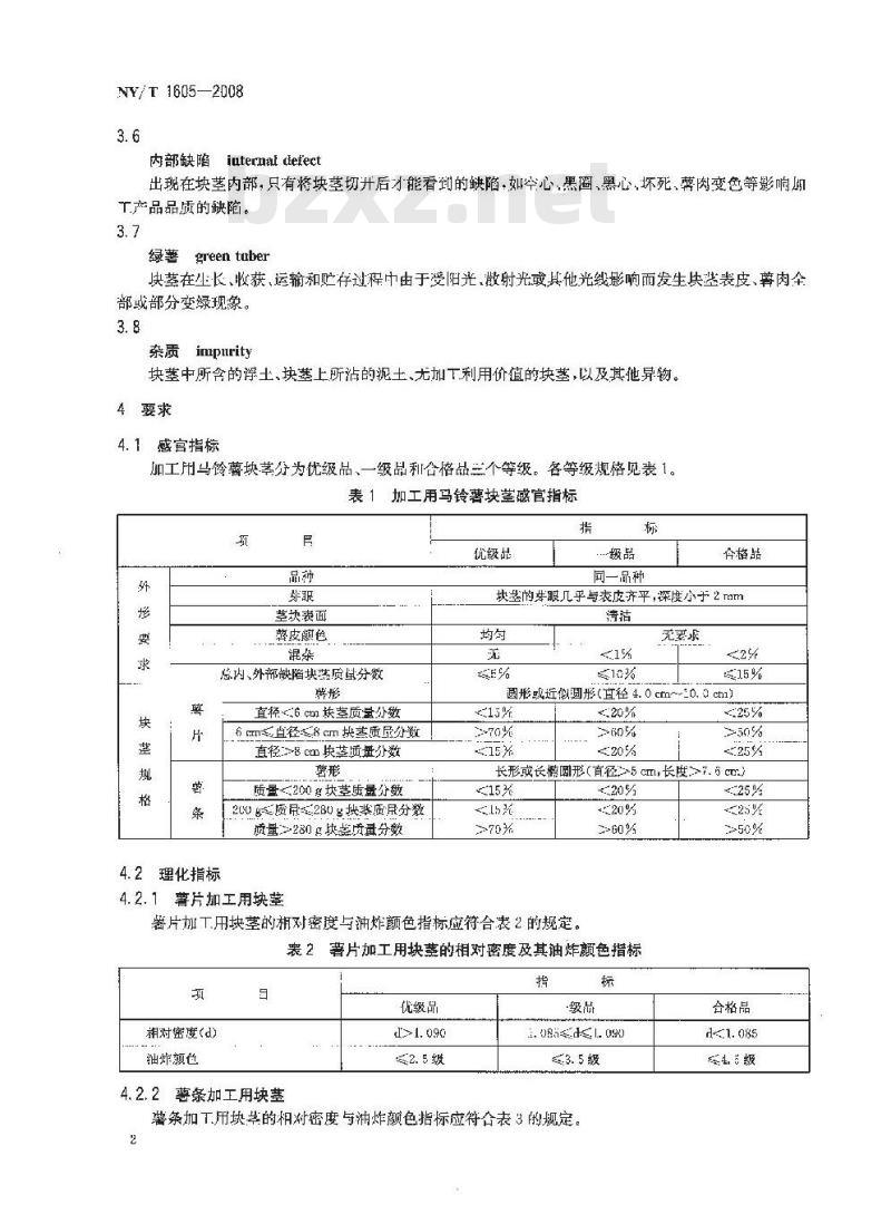 NY/T 1605-2008 加工用马铃薯 油炸