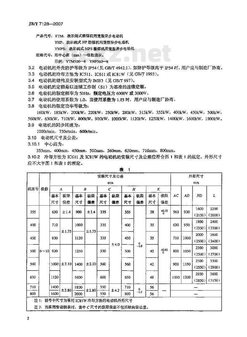 JB/T 7128-2007 YTM、YHP、YMPS系列磨煤机用三相异步电动机技术条件