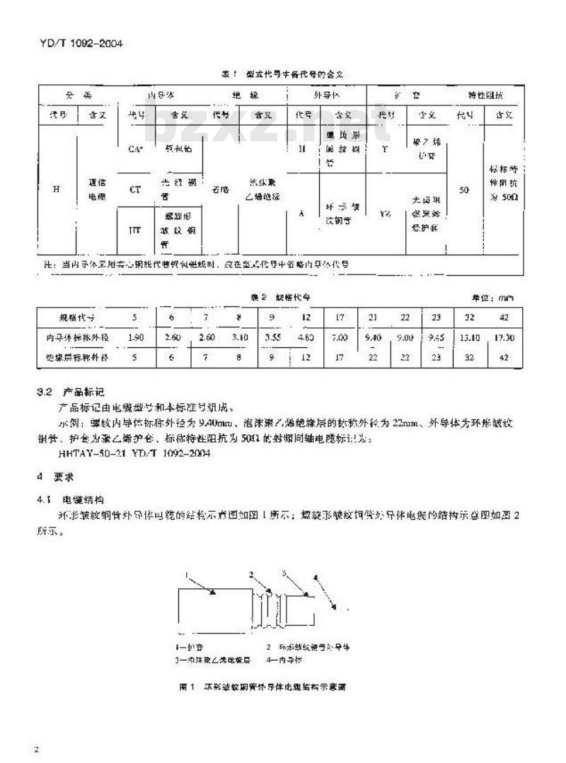 YD/T 1092-2004 通信电缆——无线通信用50Ω泡沫聚乙烯绝缘皱纹铜管外导体射频同轴电缆