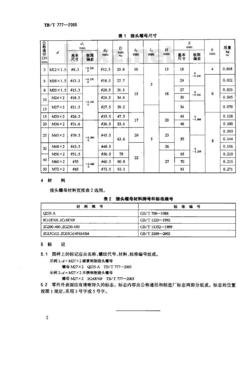 TB/T 777-2005 机车车辆用螺纹管接头 接头螺母