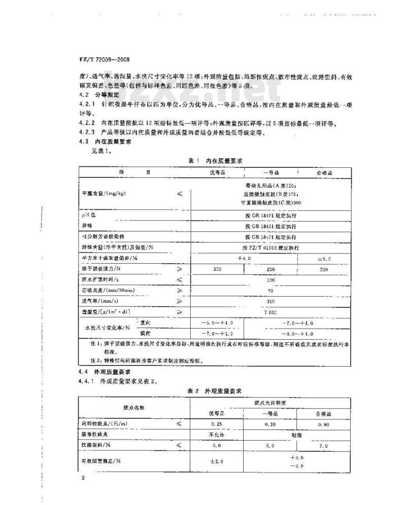 FZ/T 72009-2008 针织吸湿牛仔布