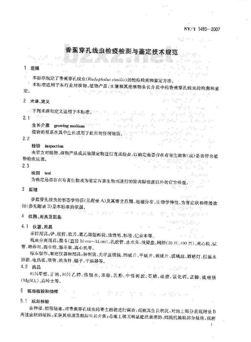 NY/T 1485-2007 香蕉穿孔线虫检疫检测与鉴定技术规范
